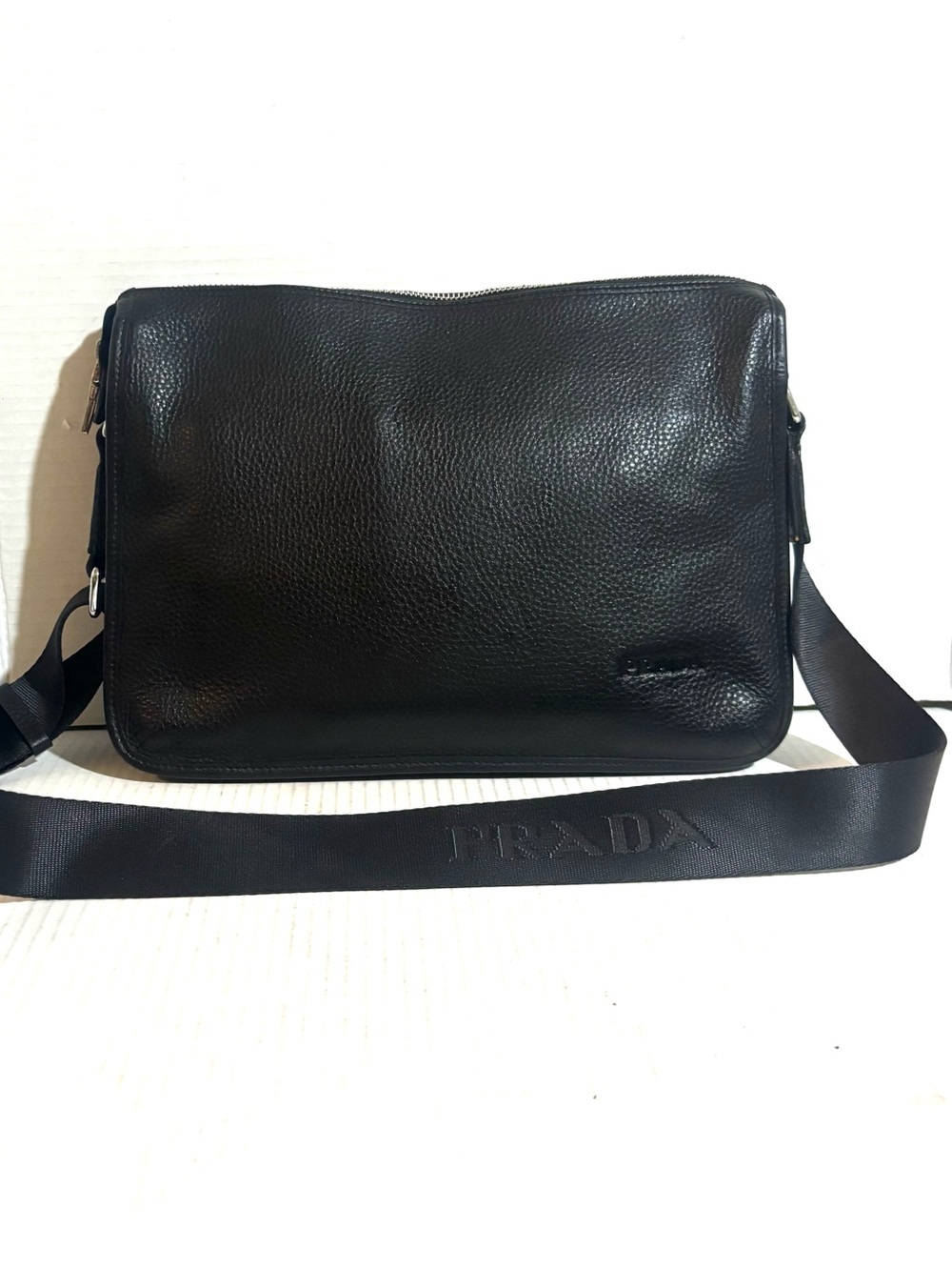 Prada unisex Black pebbled Leather Crossbody Bag with Adjustable Strap